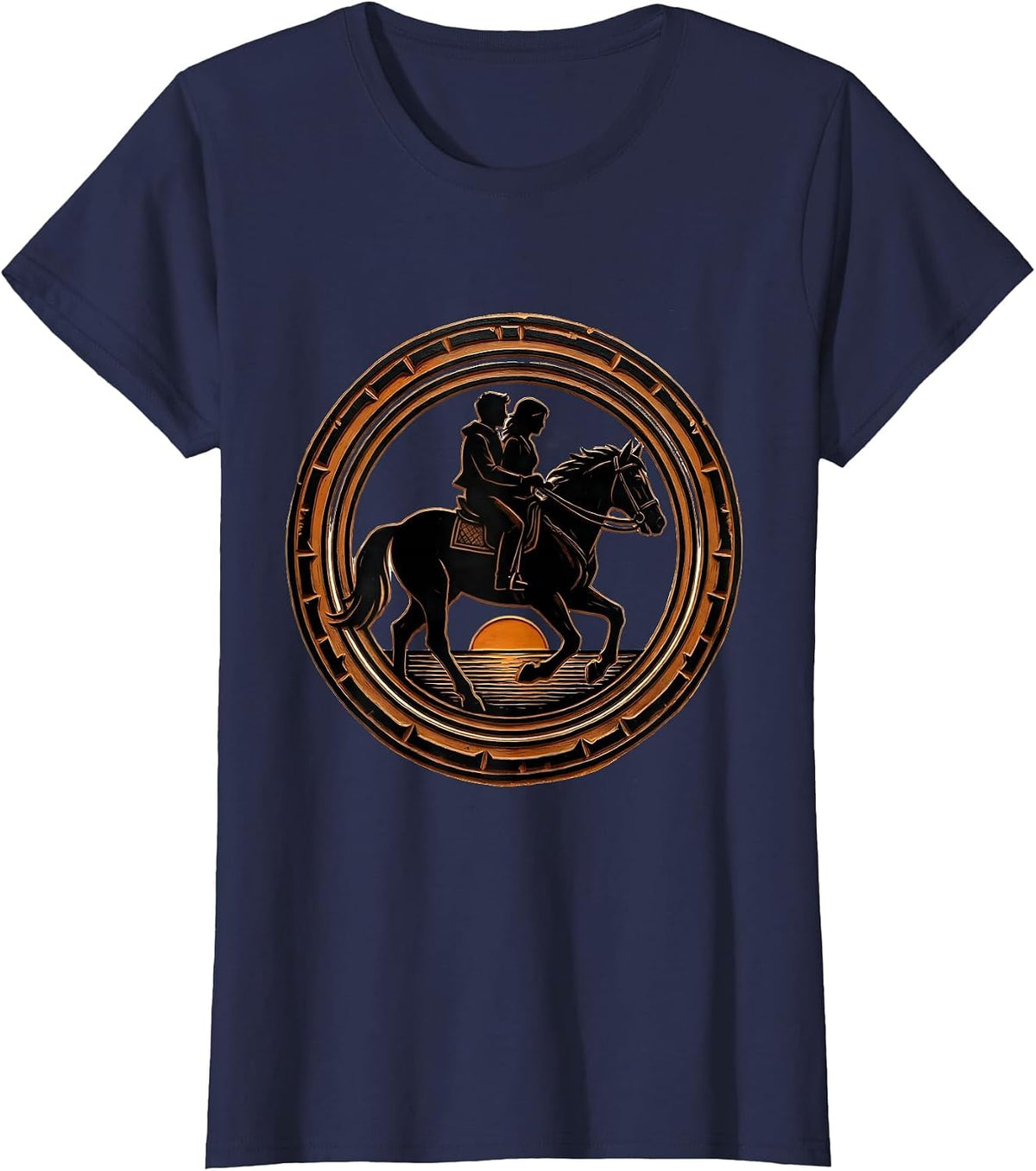 Women's Silhouette Couple on Horseback at Dusk Design T-Shirt - Navy Blue