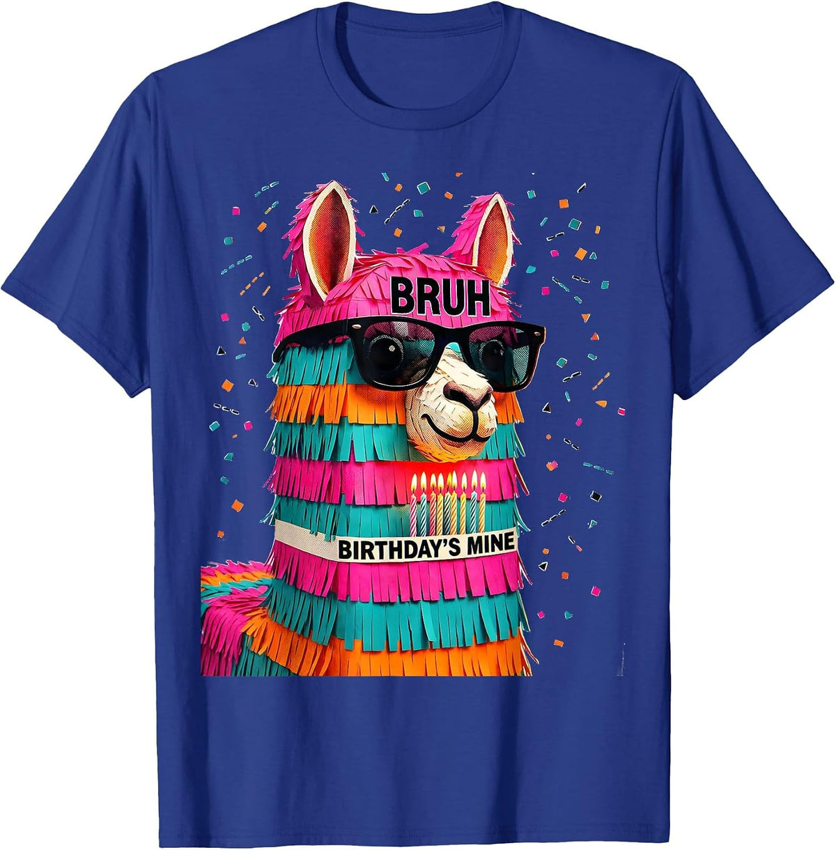Bruh Birthday's Mine Risograph Llama Pinata Party Humor T-Shirt - Royal Blue