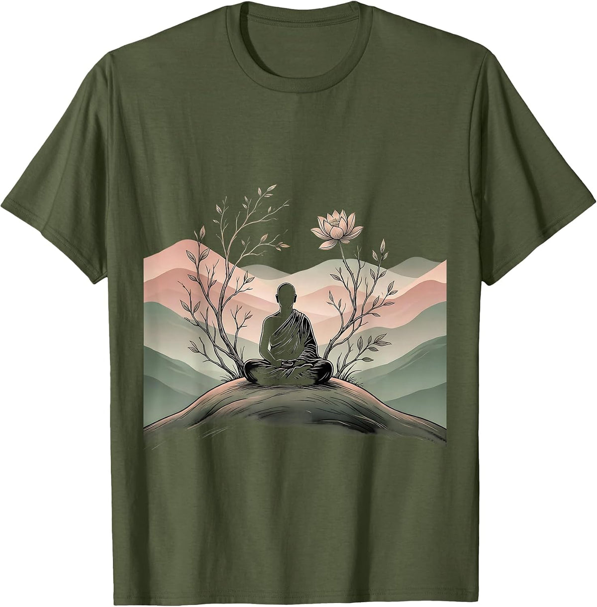 Monk Meditating on Misty Hilltop Pray Design T-Shirt - Olive Green