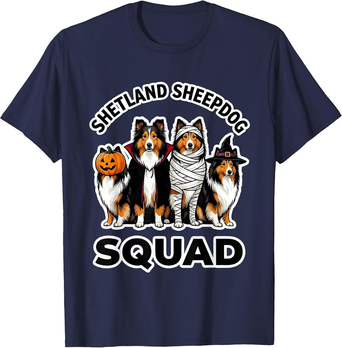 Shetland Sheepdog Squad Halloween Pumpkin Vampire Mummy T-Shirt - Navy Blue