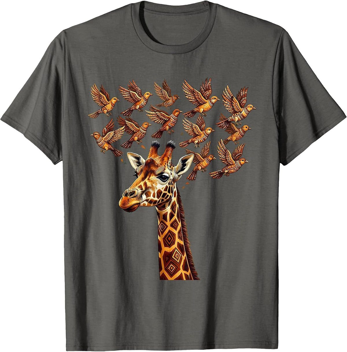 Giraffe Dissolving Into Flying Birds Illustration T-Shirt - Asphalt Grey
