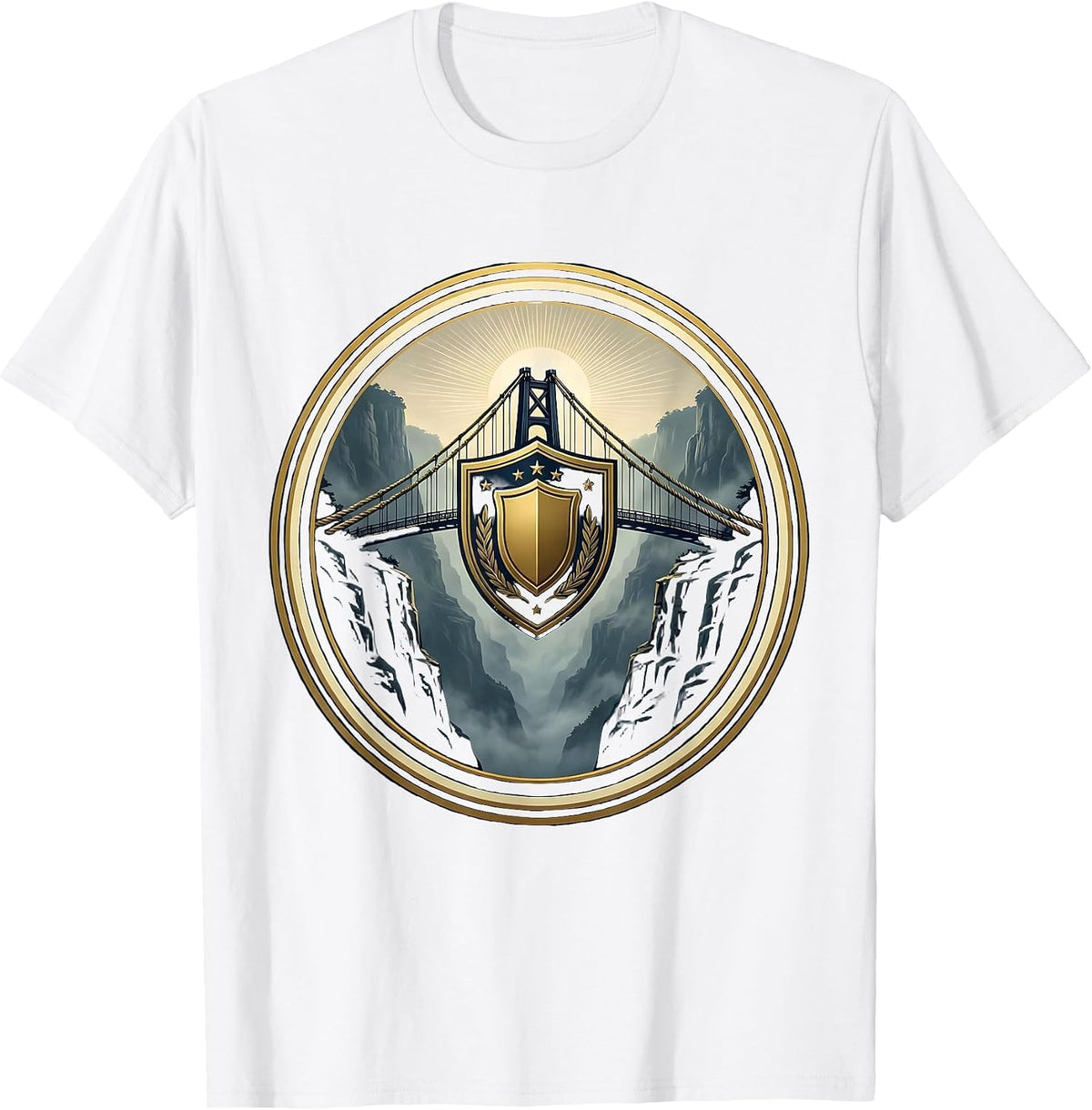 Rope Bridge Over Misty Gorge Freedom Design T-Shirt - White