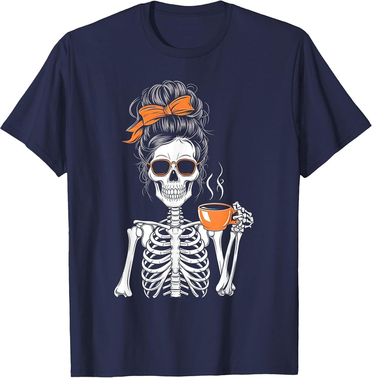 Halloween Skeleton Messy Bun Coffee Funny Costume Mom Women T-Shirt - Navy Blue