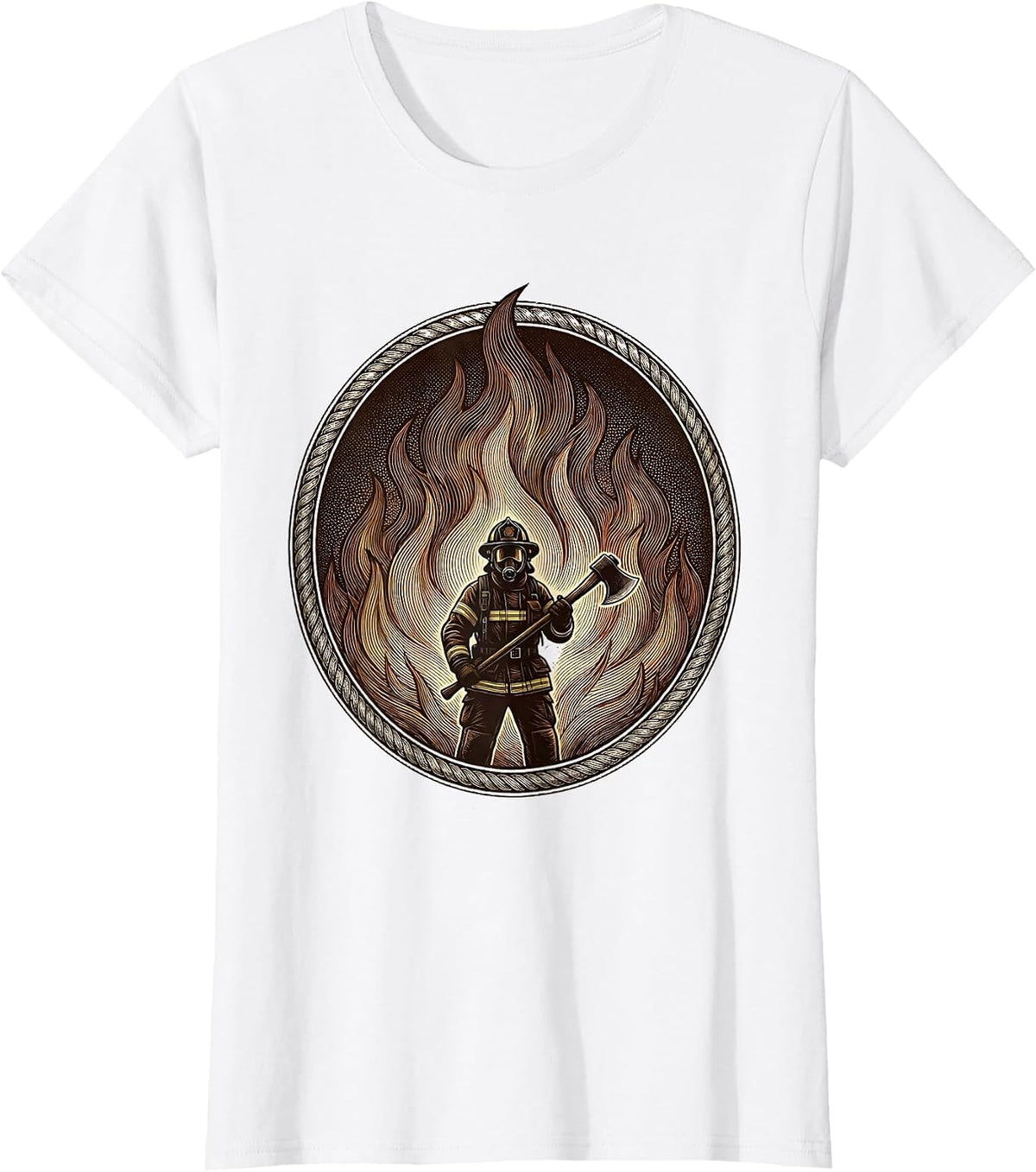 Women's Firefighter Silhouette Against Wall of Flames T-Shirt - White