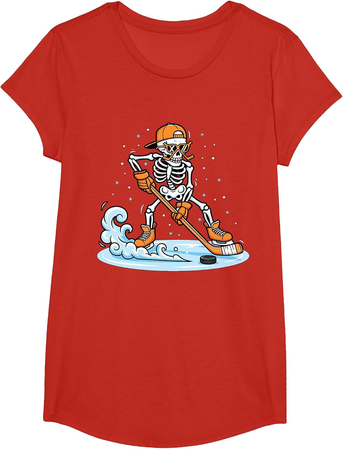 Funny Skeleton Ice Hockey Halloween Spooky Player Men Boys T-Shirt - Girls Red