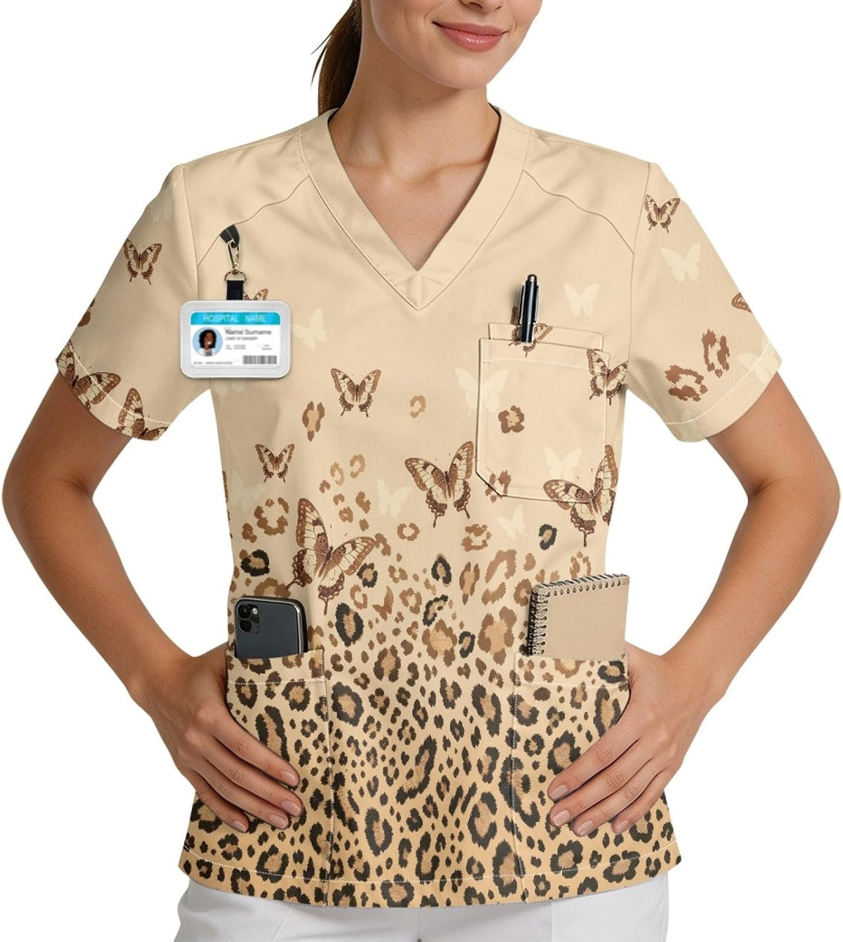 V-Neck Printed Soft Scrub Tops with 3 Pocket for Women, Size S-5XL - Butterfly Leopard