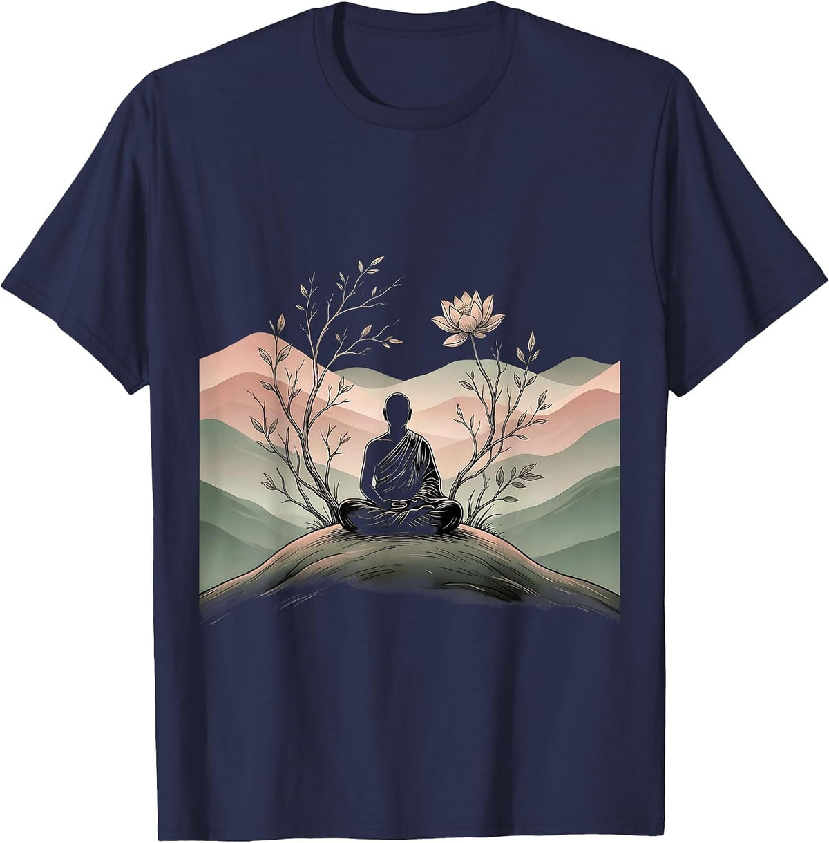 Monk Meditating on Misty Hilltop Pray Design T-Shirt - Navy Blue