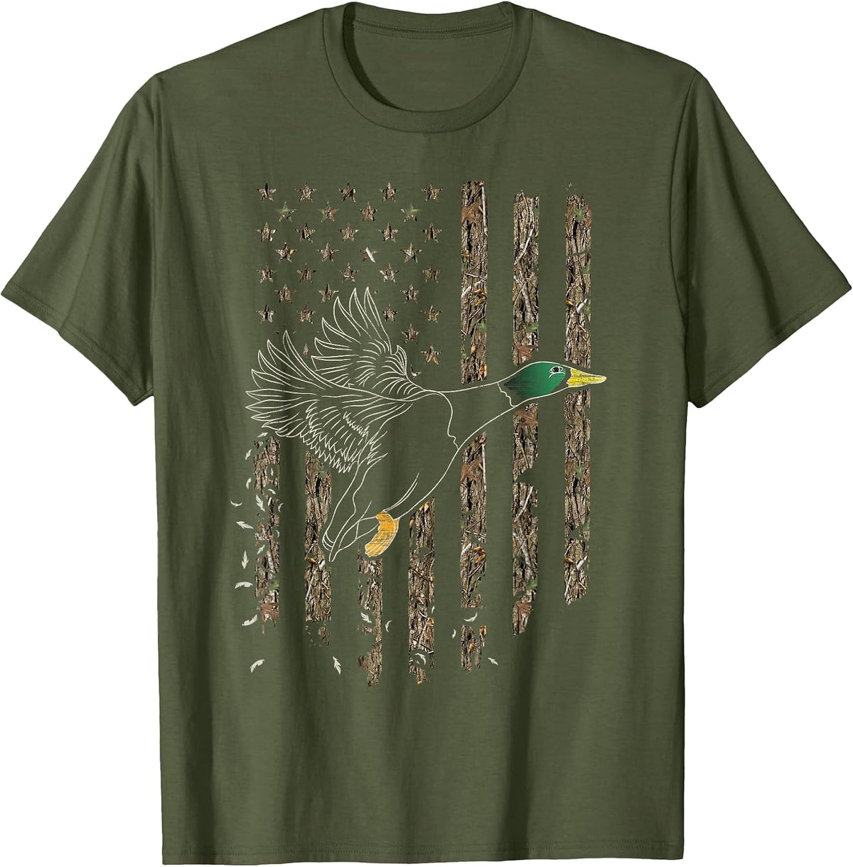 Duck Hunter American Flag Waterfowl Hunting Camouflage T-Shirt - Olive Green