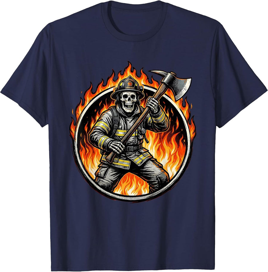 Skeleton Firefighter Axe Inferno Graphic Design T-Shirt - Navy Blue