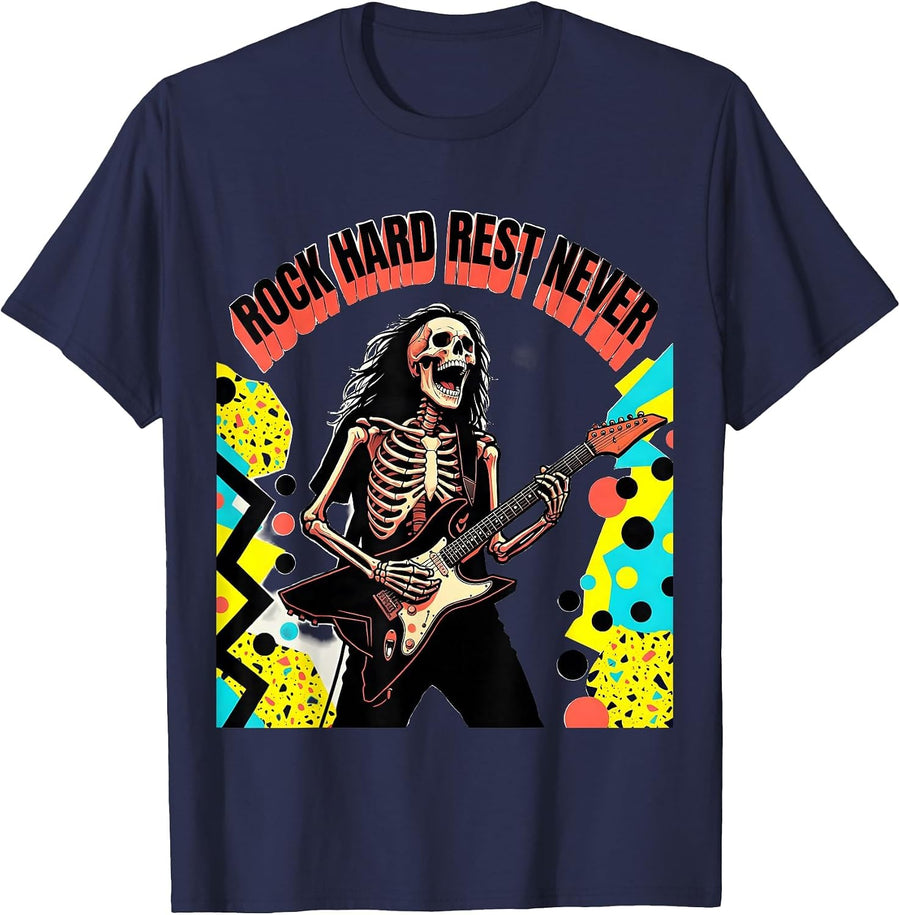 Skeleton Rock Band Rock Hard Rest Never Design T-Shirt - Navy Blue