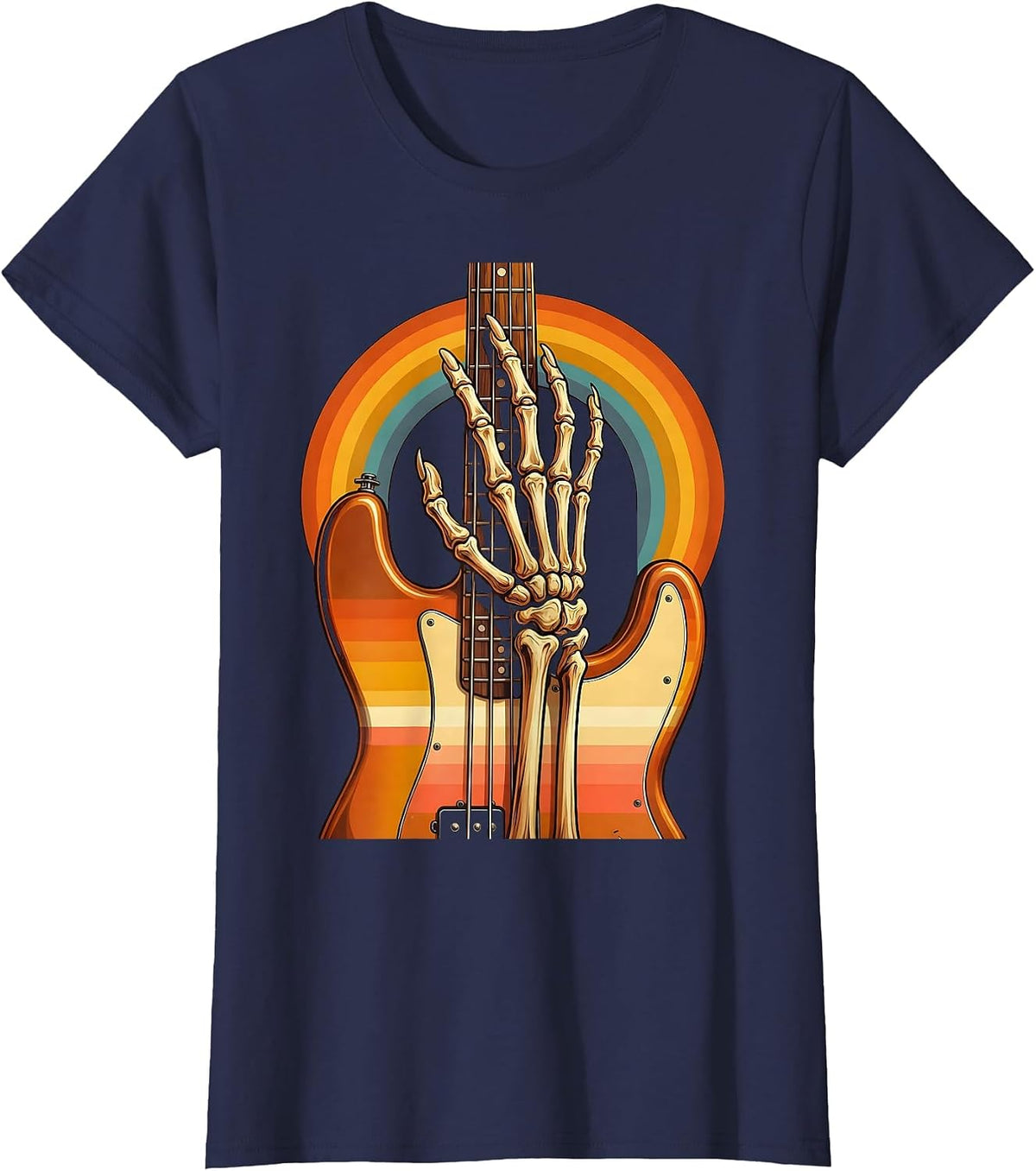 Women's Skeleton Bass Player Graphic Tee T-Shirt - Navy Blue