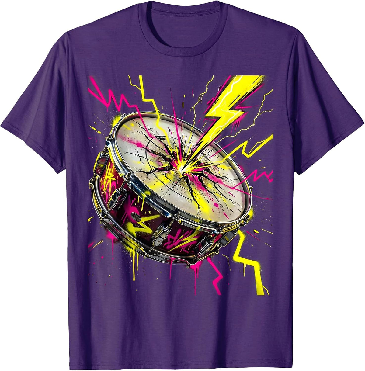 Cracked Snare Drum Lightning Strike Graphic T-Shirt - Purple