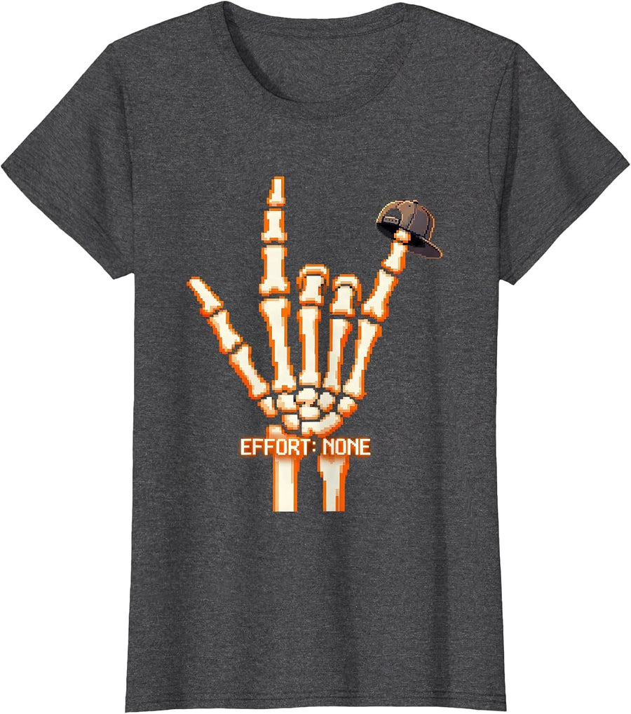 Women's Effort: None Pixel Art Skeleton Rock On Halloween Humor T-Shirt - Dark Heather Grey
