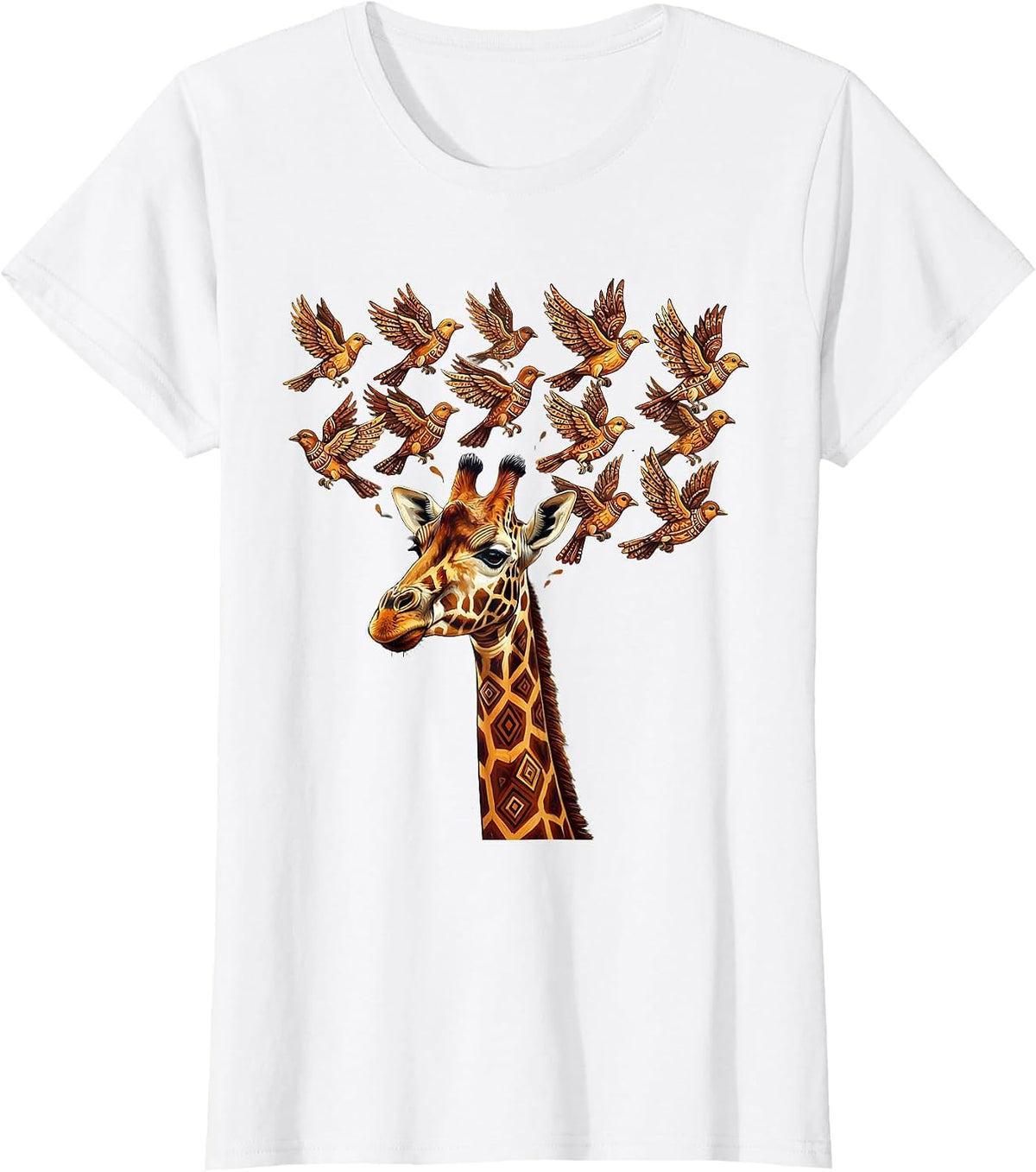 Giraffe Dissolving Into Flying Birds Illustration T-Shirt - White