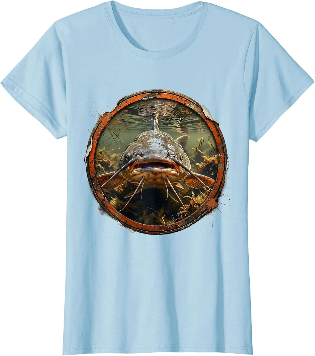 Giant Catfish Lurking Murky River Depths Fishing T-Shirt - Baby Blue