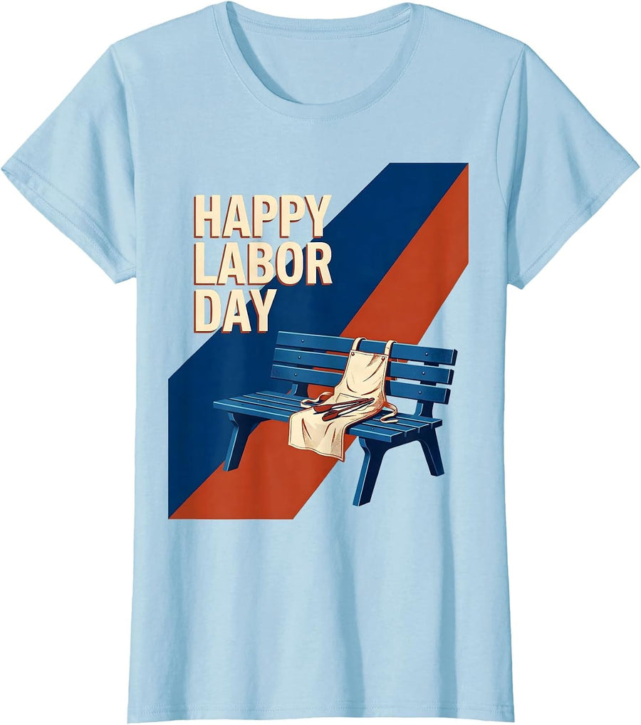 Women's Happy Labor Day Midcentury Modern Picnic Bench Patriotic T-Shirt - Baby Blue