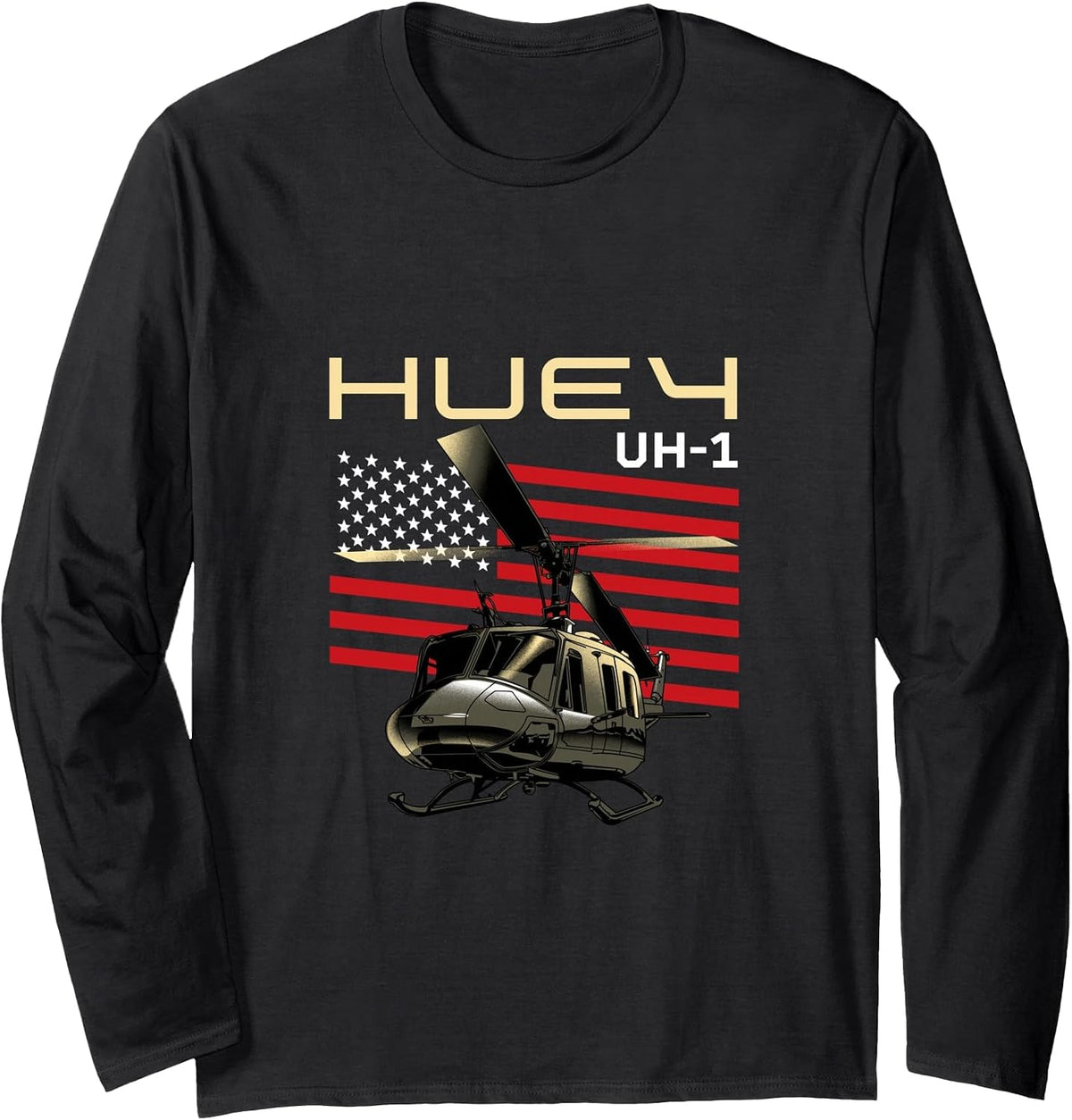 Huey Military Helicopter Airplane Long Sleeve T-Shirt - Adult Unisex Black