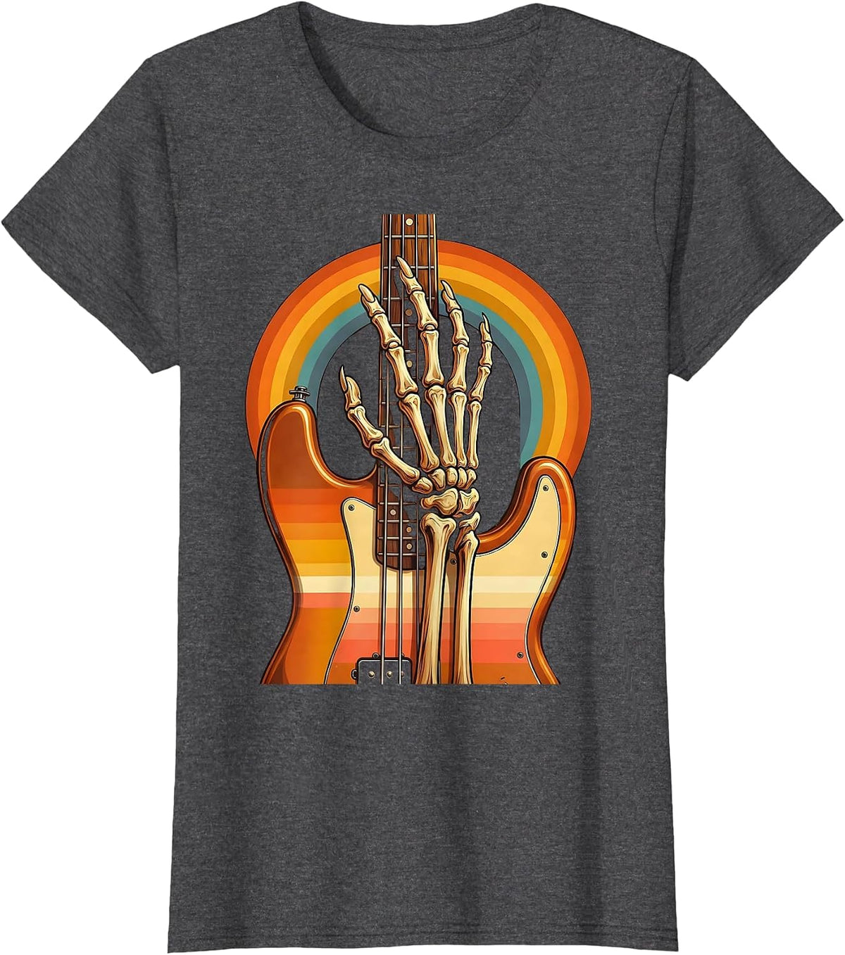 Women's Skeleton Bass Player Graphic Tee T-Shirt - Dark Heather Grey