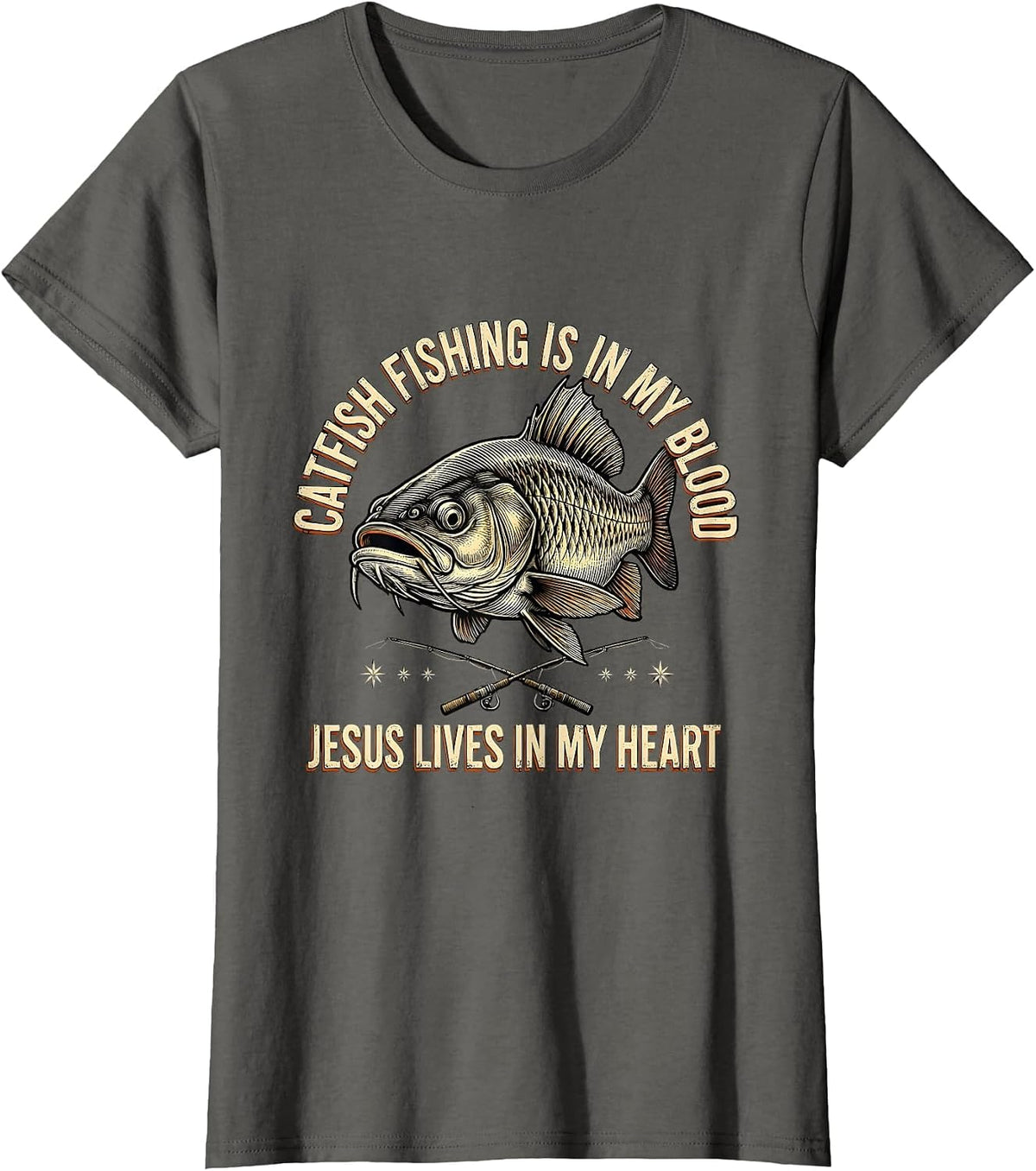 Women's Catfish Fishing Is In My Blood, Jesus Lives In My Heart T-Shirt - Asphalt Grey