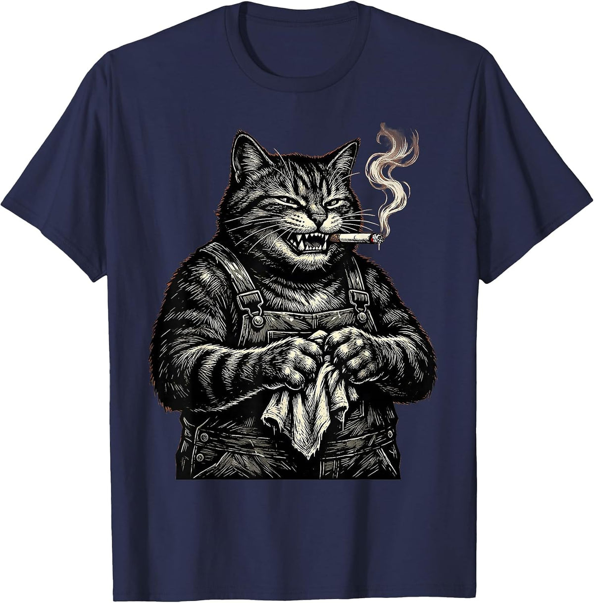Men's Cat Mechanic With Cigarette Graphic Design T-Shirt - Navy Blue