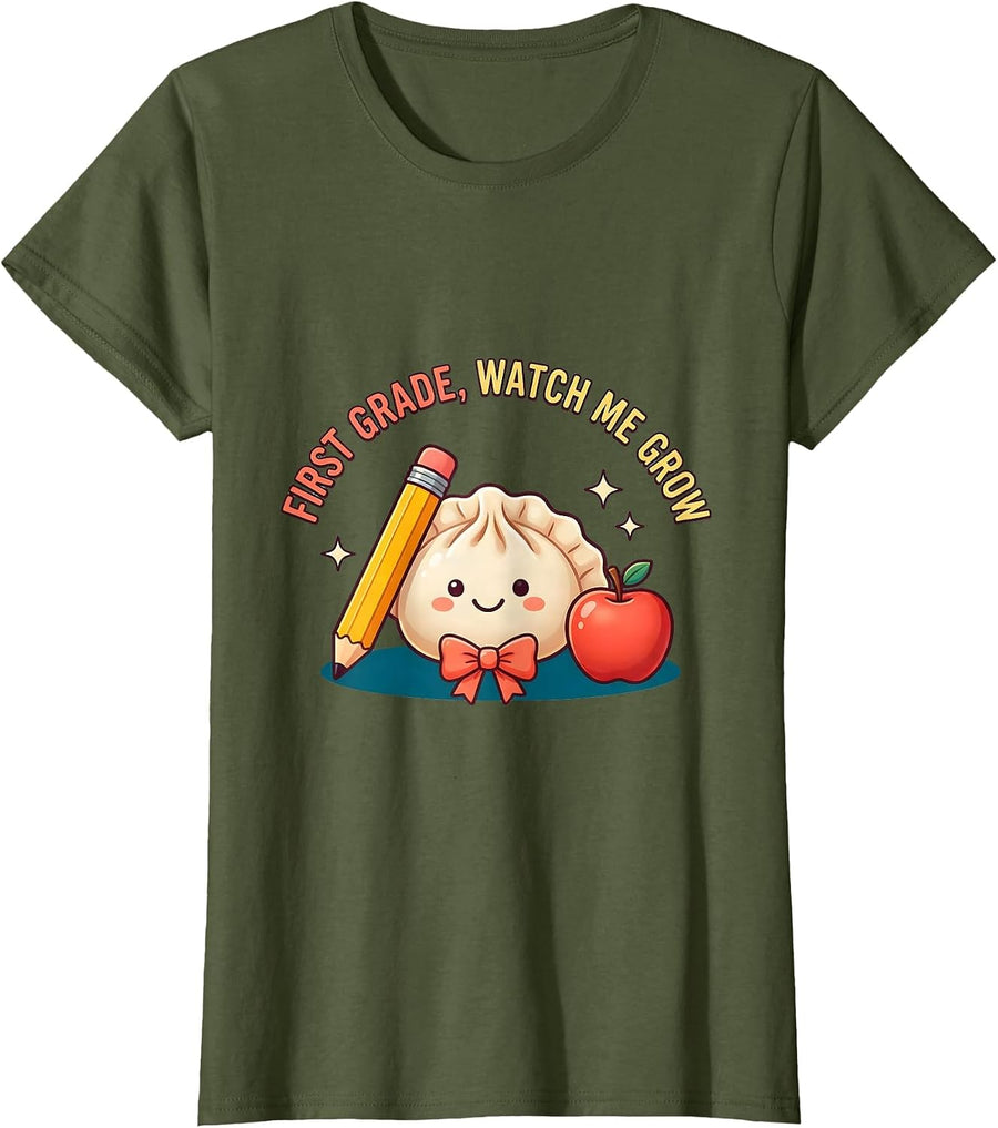 Women's First Grade Watch Me Grow Cute Dumpling Kawaii Back T-Shirt - Olive Green