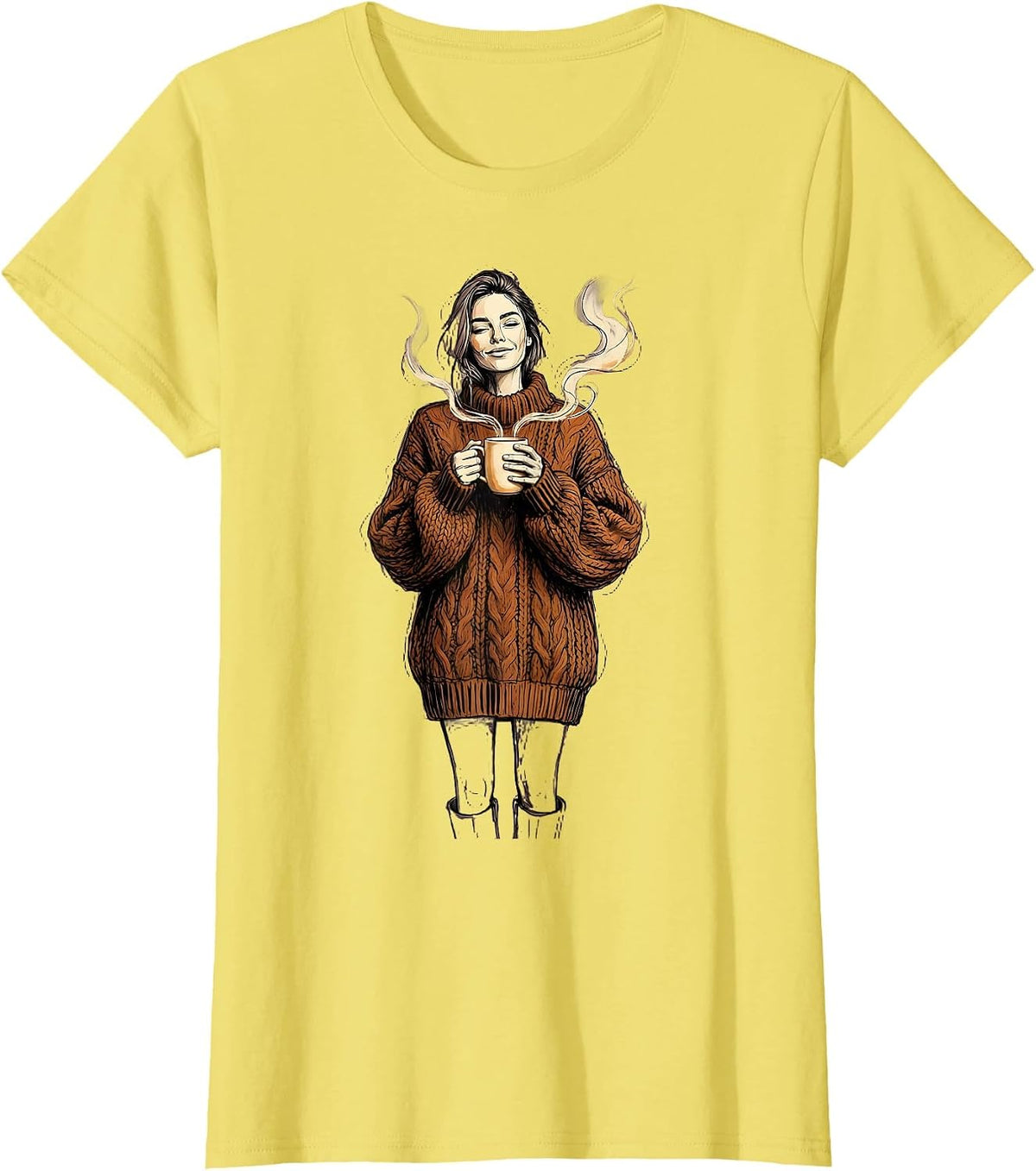 Cozy Fall Knit Sweater Steaming Mug Illustration T-Shirt - Lemon Yellow