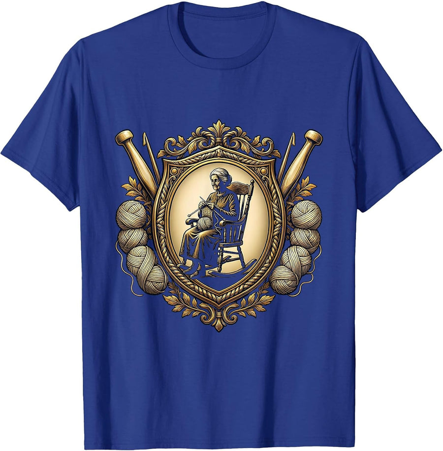 Grandma Knitting in Rocking Chair Graphic T-Shirt - Royal Blue