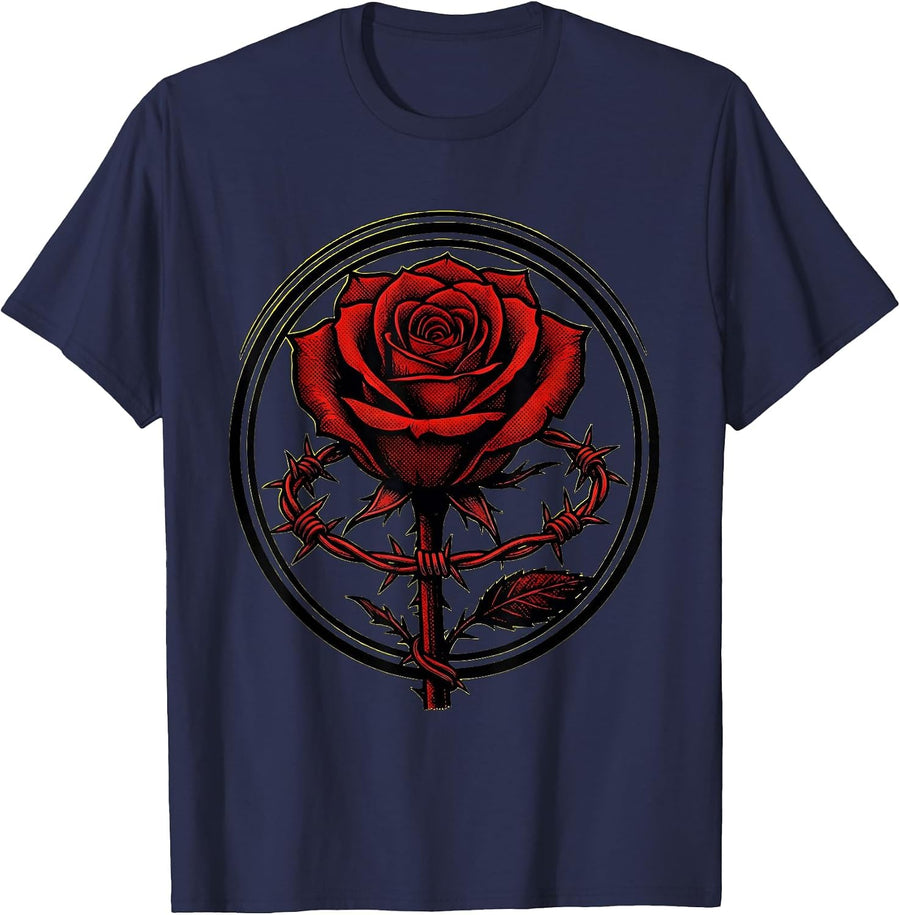 Barbed Wire Rose Punk Rock Graphic Design T-Shirt - Navy Blue