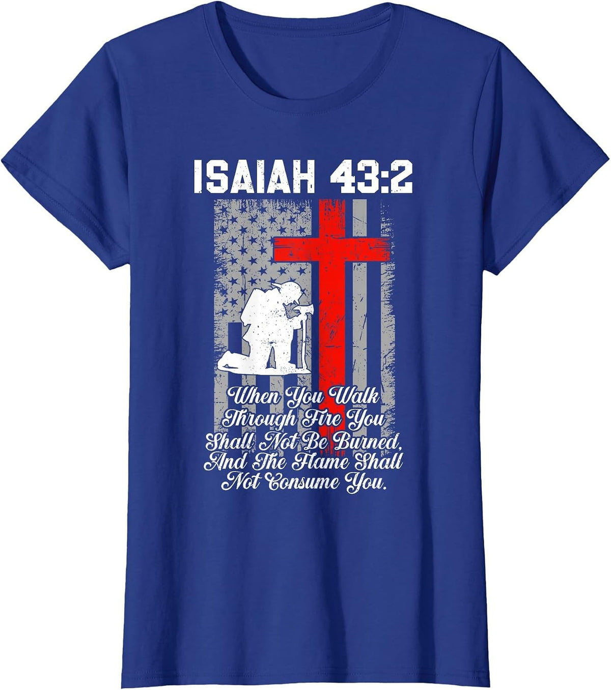 Patriotic American US Flag Firefighter Cross Christian T-Shirt - Royal Blue