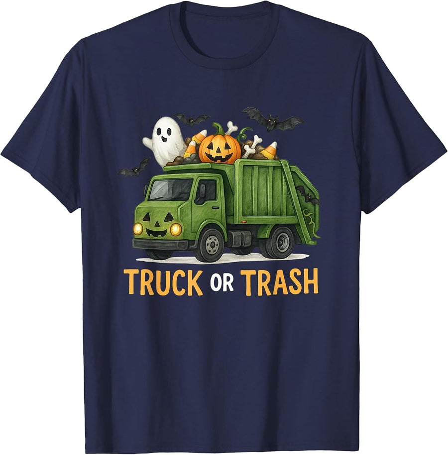 Halloween Garbage Truck or Trash Trick or Treat Truck Kids T-Shirt - Navy Blue