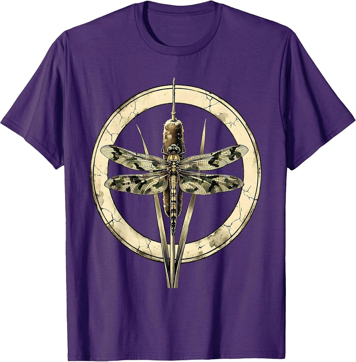 Men's Camo Dragonfly on Cattail Reed Nature Design T-Shirt - Purple