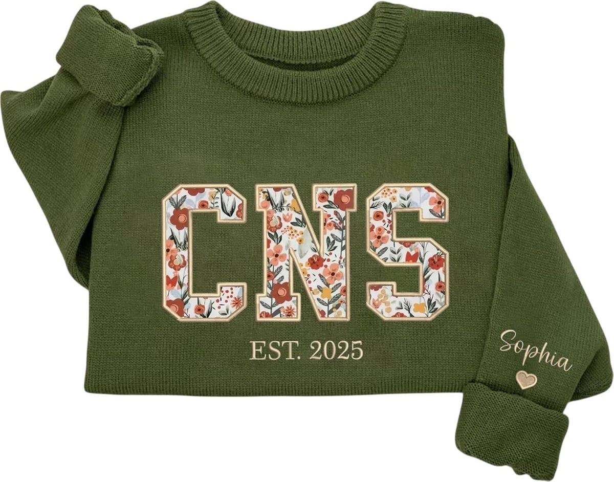 Custom Embroidered Floral Sweater for Nurses, Personalized Floral Knit Sweatshirt – Comfortable Cotton Blend - Cns