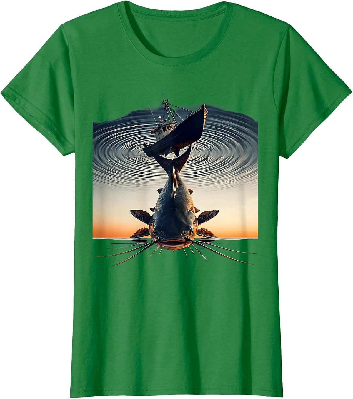 Women's Giant Catfish Pulling Down a Boat Fishing Graphic T-Shirt - Kelly Green