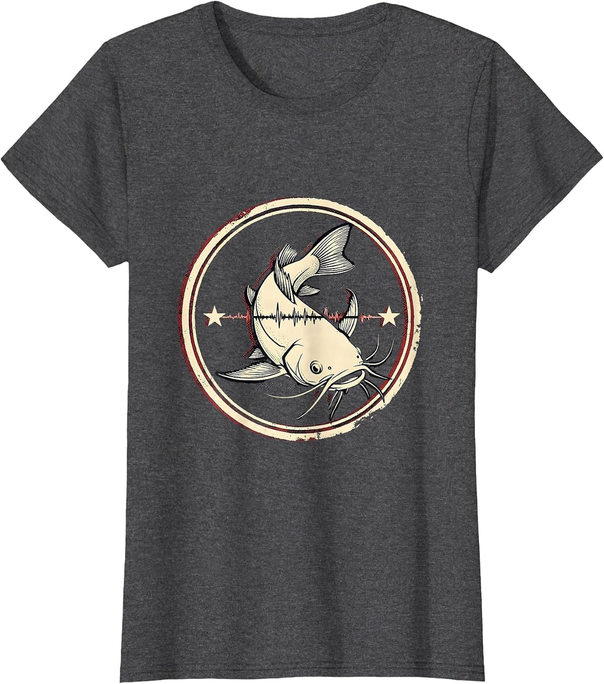Women's Broad Channel Catfish Emblem Angler Fishing Enthusiast T-Shirt - Dark Heather Grey
