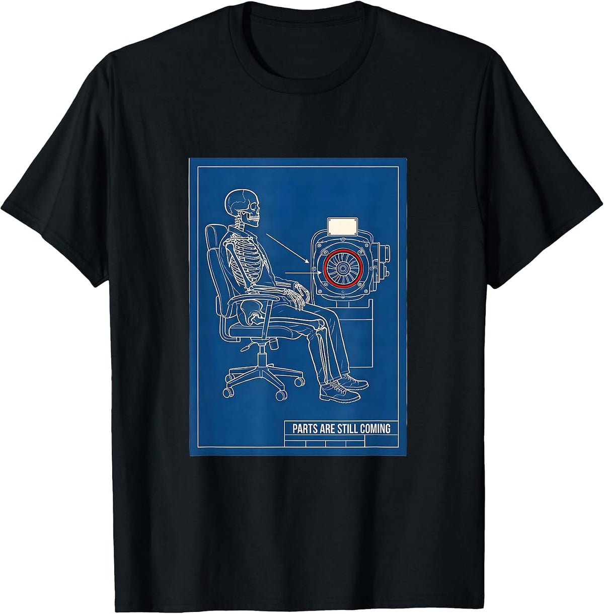Men's PARTS ARE STILL COMING Technical Blueprint Mechanic Skeleton T-Shirt - Black