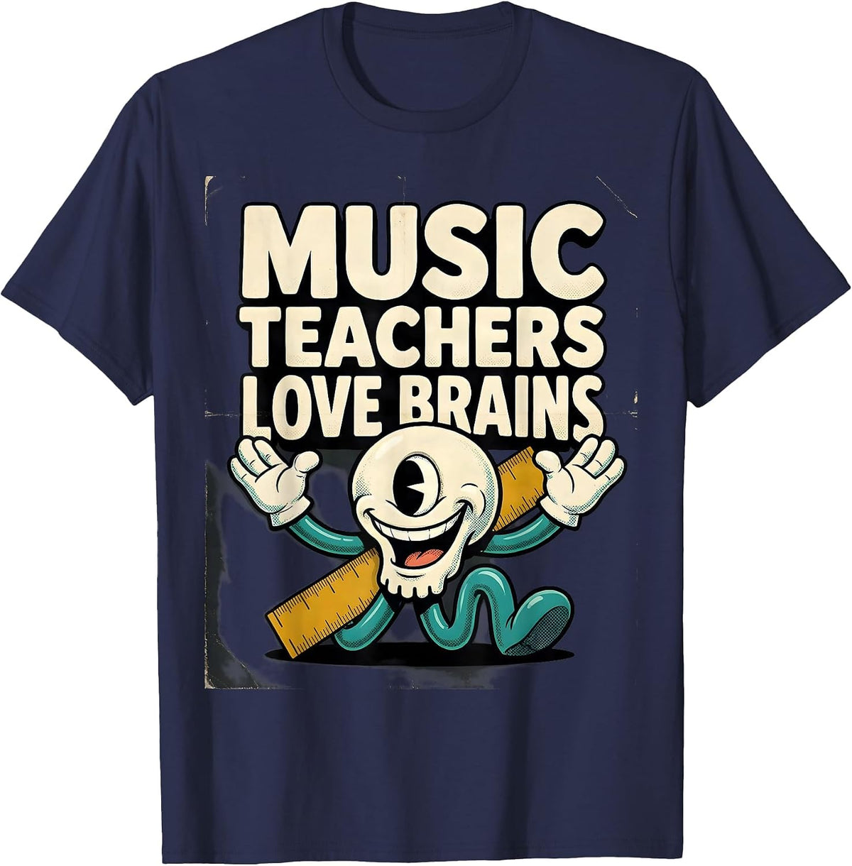 Men's Music Teachers Love Brains Retro Cartoon Teacher Halloween T-Shirt - Navy Blue