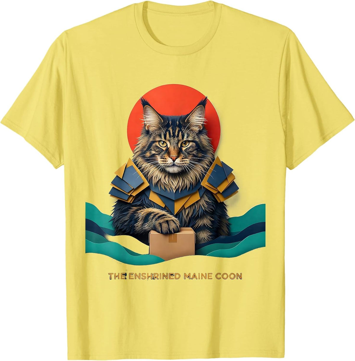 Men's The Enshrined Maine Coon Funny Anime Cat Ukiyo-e Art T-Shirt - Lemon Yellow