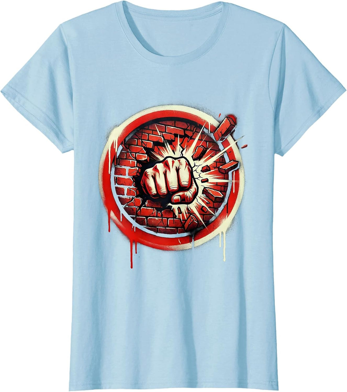Punk Rock Fist Through Brick Wall Graphic T-Shirt - Baby Blue