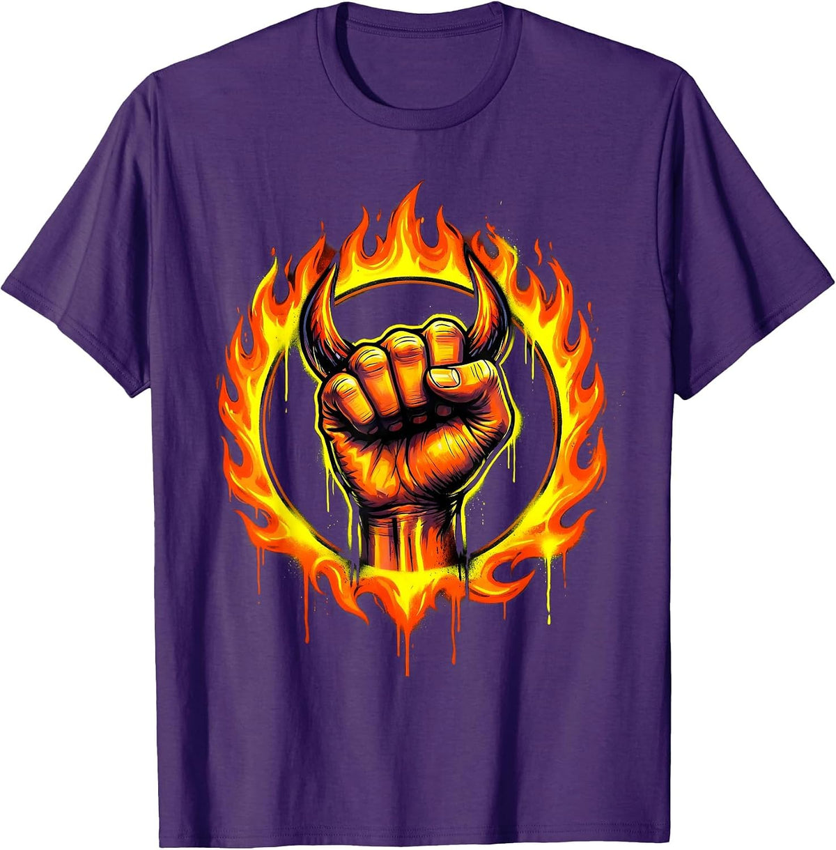 Devil Horns Ring of Fire Rock and Roll Graphic T-Shirt - Purple