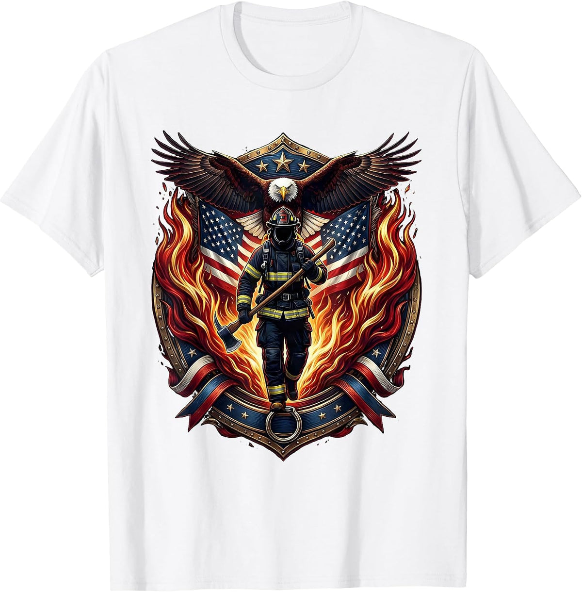 Men's Firefighter Silhouette Walking Through Flames T-Shirt - White