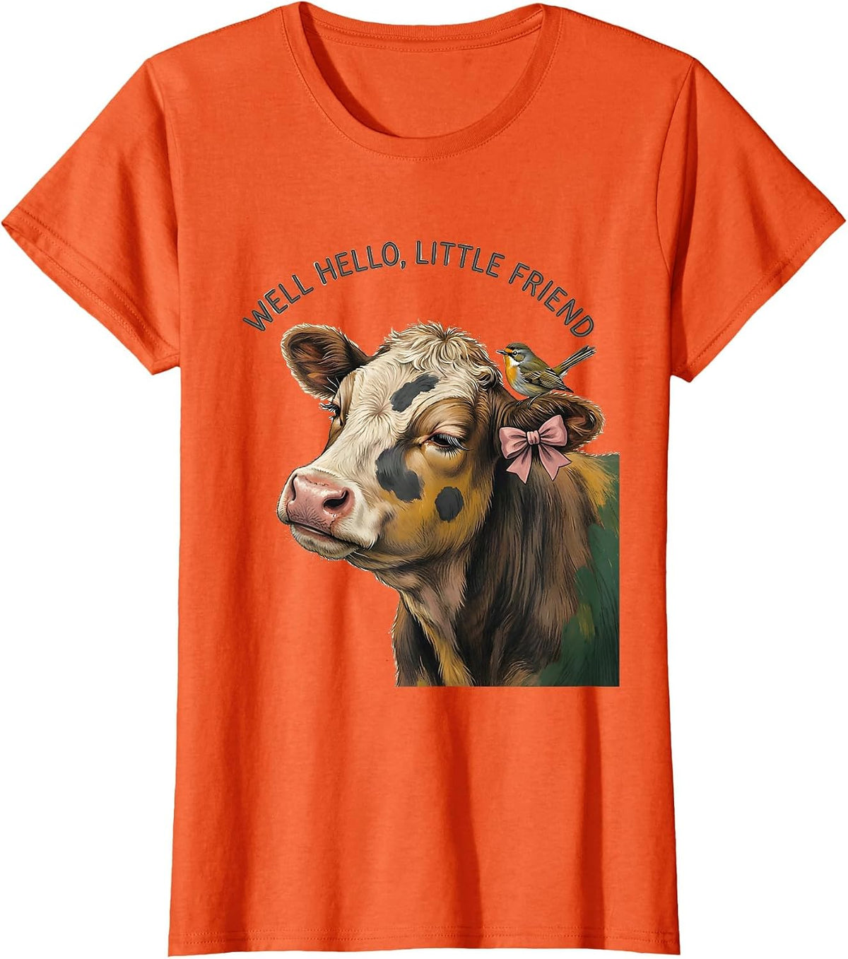 Well Hello, Little Friend Cute Cow Print Bow Pattern T-Shirt - Orange