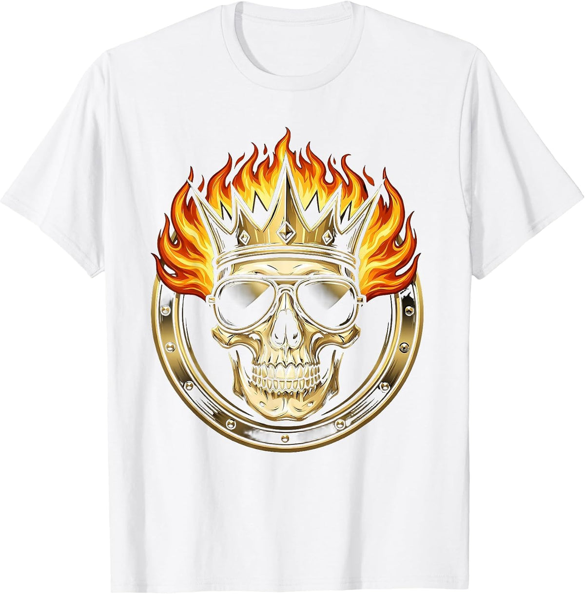 Vintage Rock Skull Flaming Crown Sunglasses Design T-Shirt - White