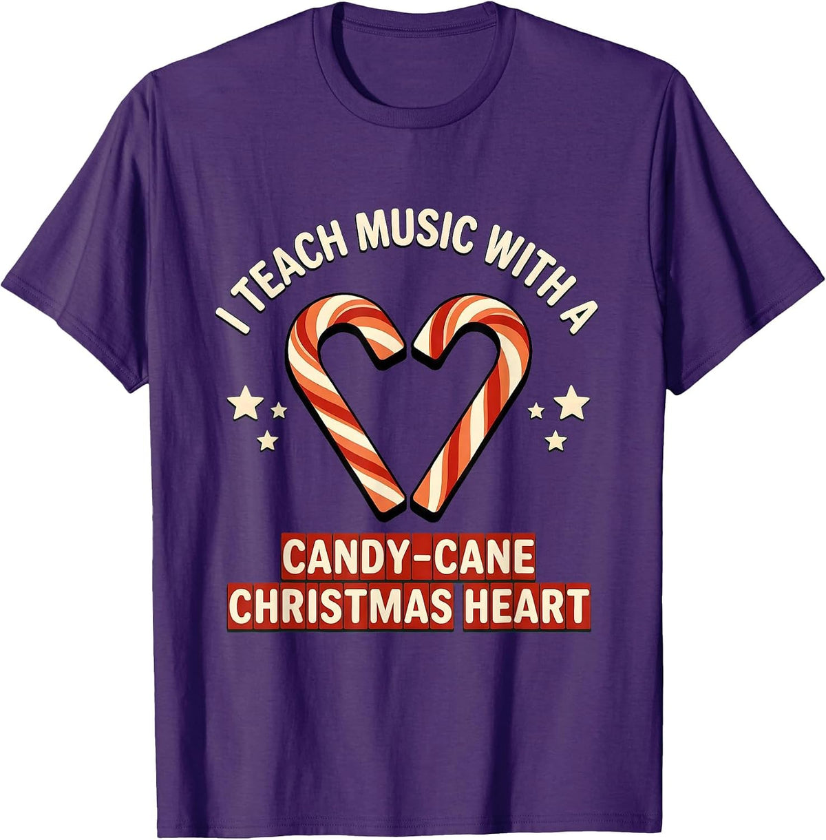 I Teach Music With A Candy-Cane Christmas Heart Teacher T-Shirt - Purple