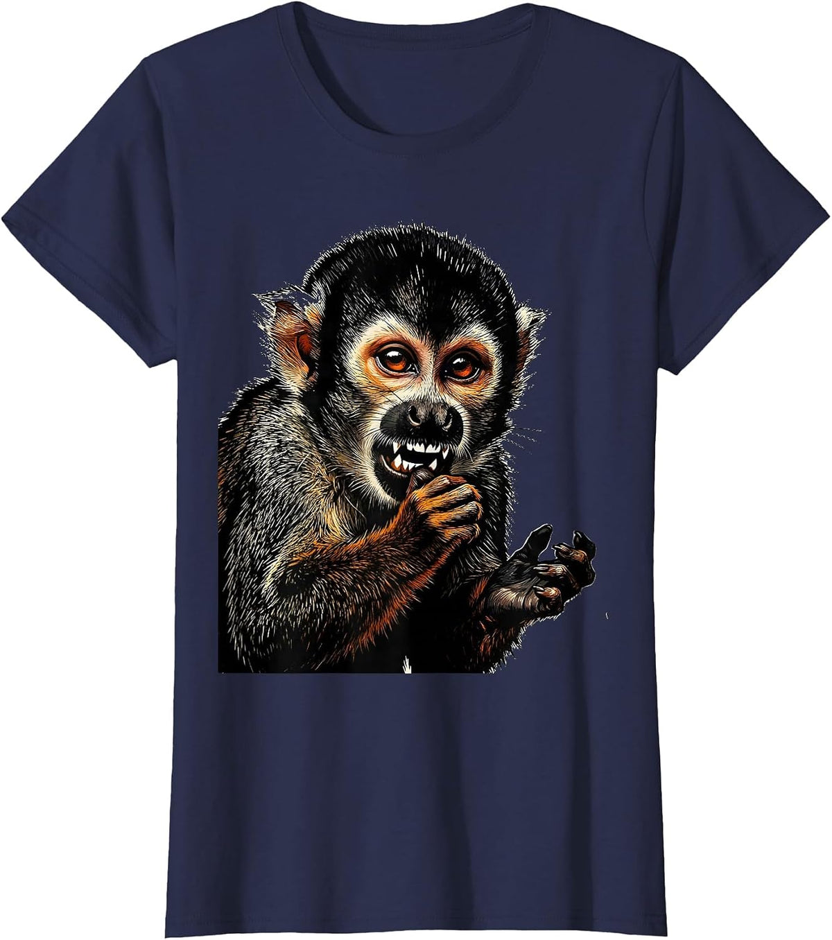 Women's Cropped Squirrel Monkey Linocut Funny Animal Meme Humor T-Shirt - Navy Blue