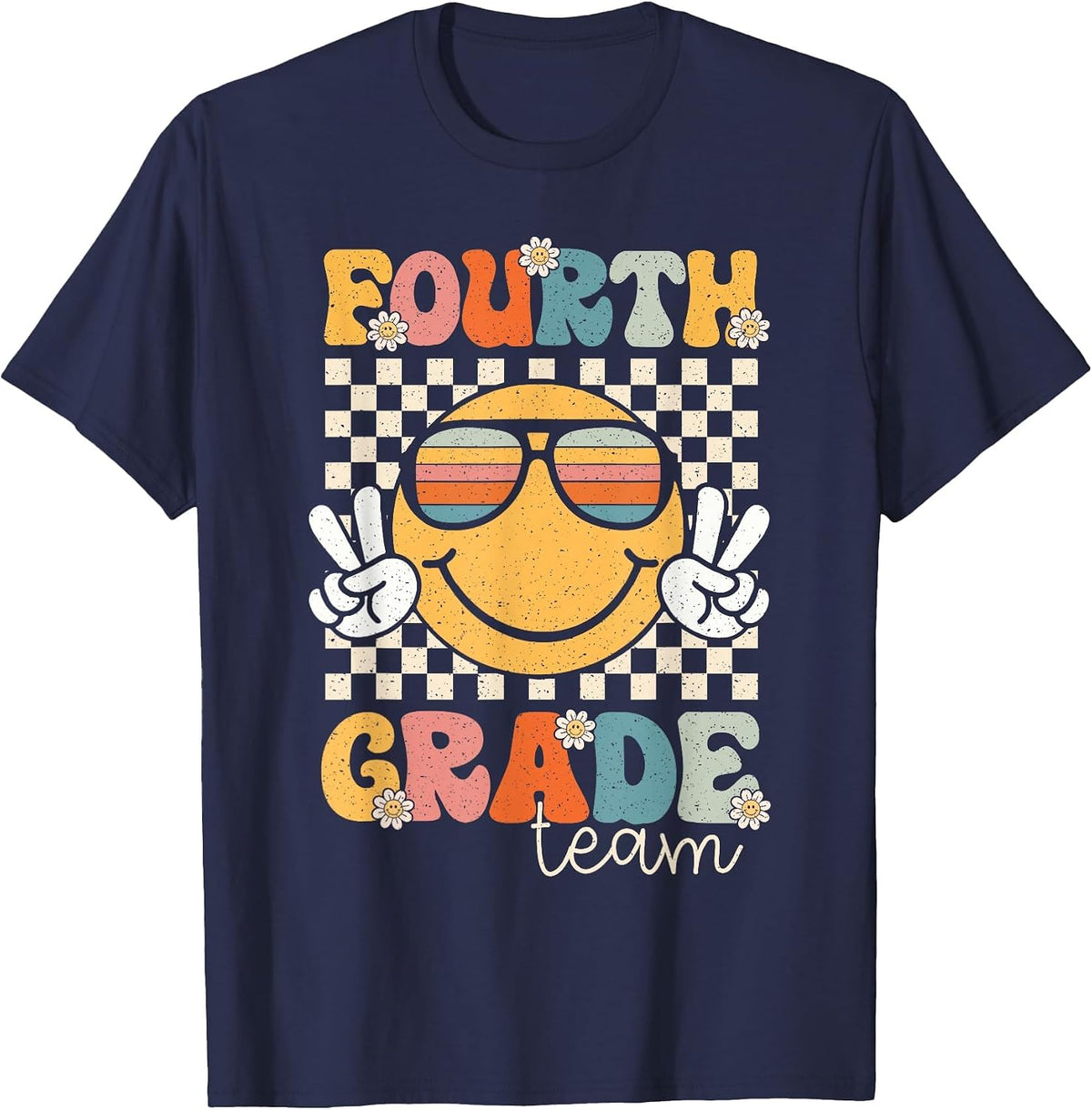 Fourth Grade Team Smile Retro 1st Day of School 4th Grade T-Shirt - Navy Blue