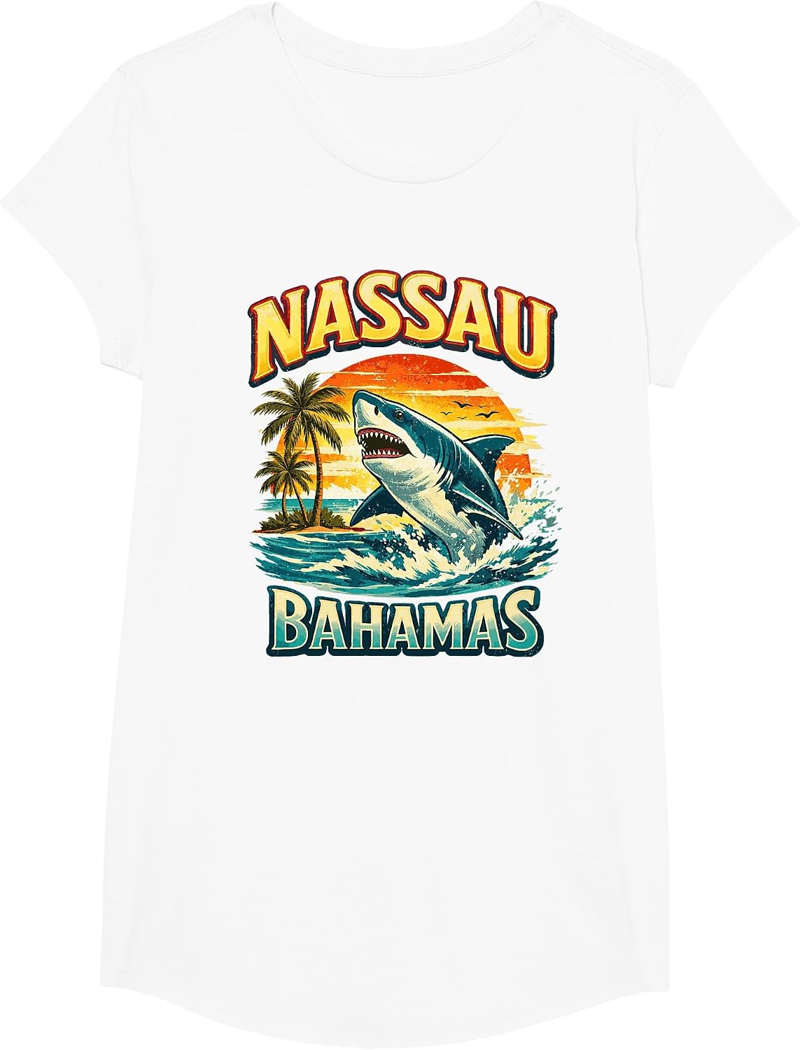 Nassau Bahamas Shark Beach Sunset Graphic T-Shirt - Girls White