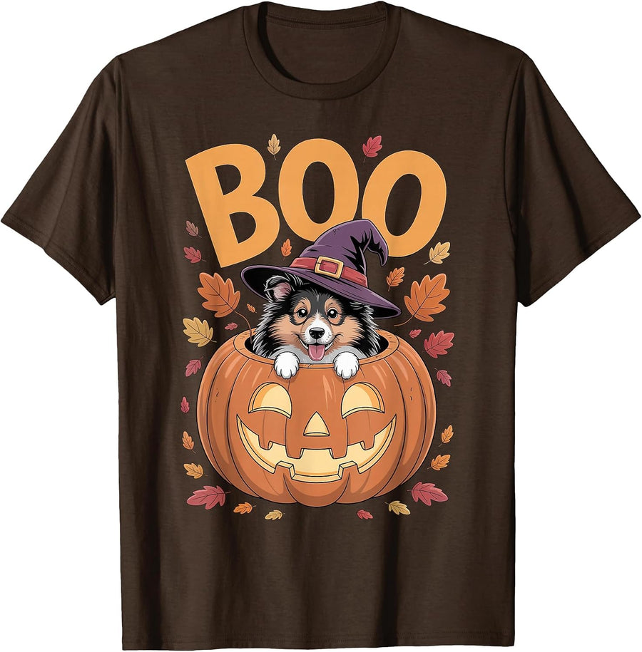 Sheltie Costume on Pumpkin Halloween Shetland Sheepdog T-Shirt - Brown