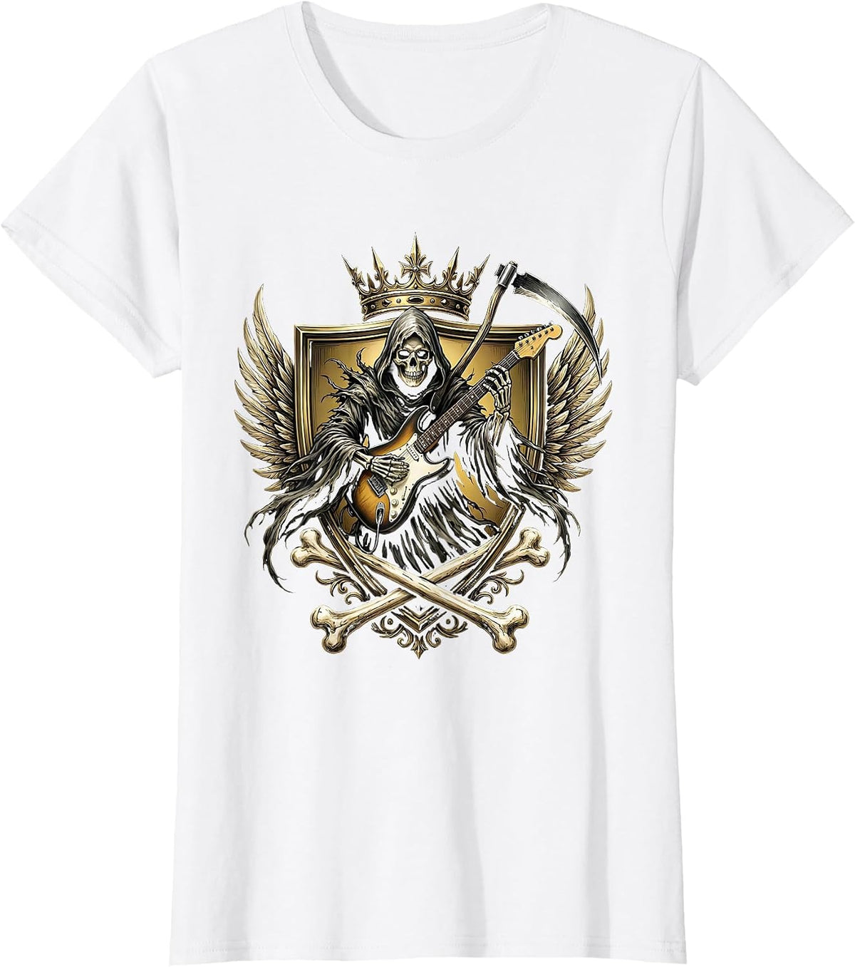 Women's Grim Reaper Electric Guitar Metal Illustration T-Shirt - White