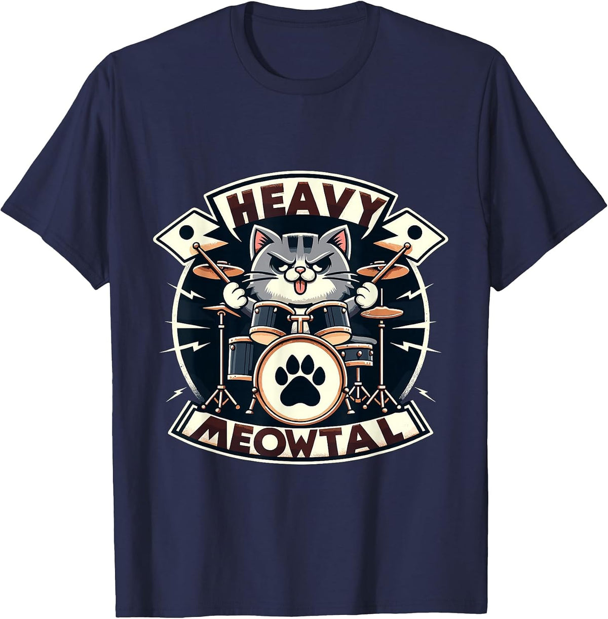 Heavy Meowtal Rock Music Drummer Cat T-Shirt - Navy Blue