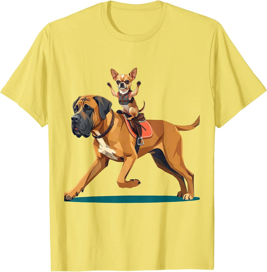 Men's Chihuahua Riding Great Dane Like a Horse Funny Dog T-Shirt - Lemon Yellow